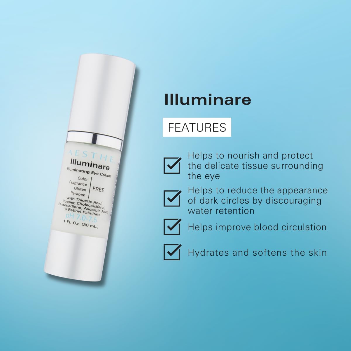 Aesthe Illuminare Illuminating Eye Cream - Color-Free, Fragrance-Free, Gluten-Free Skincare for Eyes with Thioctic Acid, Copper & More - For Puffiness & Dark Circles - Tighten & Smooth - 1 fl oz